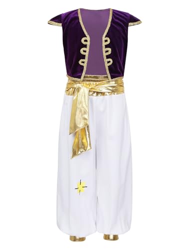 TTAO Kinder Junge Arabischer Prinz Kostüm HalloweenFasching Karneval Verkleidung Ärmellose Weste Tops + Pants + Gürtel Outfits Set Violett 122-128 von TTAO