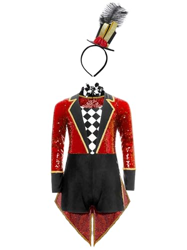 TTAO Kinder Mädchen Zirkus Kostüm Mit Zylinder Hut Langarm Pailletten Tanzbody Trikotanzug Zirkusdirektor Cosplay Halloween Faschingkostüm Rot 122-128 TTAO Kinder Mädchen Zirkus Kostüm Mit Zylinder Hut Langarm Pailletten Tanzbody Trikotanzug Zirkusdirektor Cosplay Halloween Faschingkostüm Rot 122-128 von TTAO