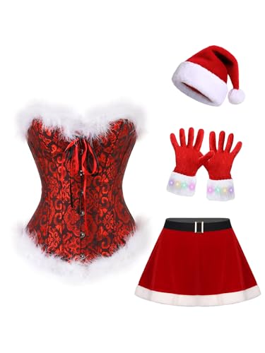 TTAO Korsagen Bustiers Für Damen Weihnachtskostüm Sexy Santa Korsett Dessous Mit Rock Santa Kostüme Weihnachten Bustier Party Kostüme Kleid Rot 3XL von TTAO