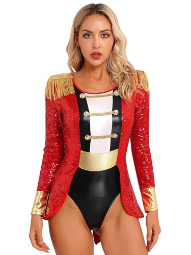 TTAO Kostüm Zirkusdirektorin Kleid für Damen Langarm/Ärmellos Body mit Quasten Minikleid für Karneval Party Cosplay Verkleidung Faschingskostüm Rot B XXL von TTAO