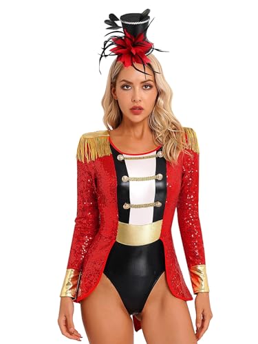 TTAO Kostüm Zirkusdirektorin Kleid für Damen Langarm/Ärmellos Body mit Quasten Minikleid für Karneval Party Cosplay Verkleidung Faschingskostüm Rot F M von TTAO