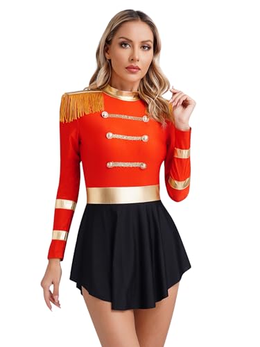 TTAO Kostüm Zirkusdirektorin Kleid für Damen Langarm/Ärmellos Body mit Quasten Minikleid für Karneval Party Cosplay Verkleidung Faschingskostüm Rot L L von TTAO