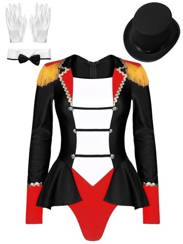 TTAO Kostüm Zirkusdirektorin Kleid für Damen Langarm/Ärmellos Body mit Quasten Minikleid für Karneval Party Cosplay Verkleidung Faschingskostüm Schwarz H S von TTAO