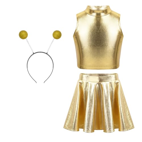 TTAO Mädchen Alien Kostüm Metallisch Tanzbekleidung Set Crop Top+ Glänzend Pleated Rock+ Alien Haarreif Halloween Tanz Kostüm Fasching Rave Party Gold 158-164 TTAO Mädchen Alien Kostüm Metallisch Tanzbekleidung Set Crop Top+ Glänzend Pleated Rock+ Alien Haarreif Halloween Tanz Kostüm Fasching Rave Party Gold 158-164 von TTAO