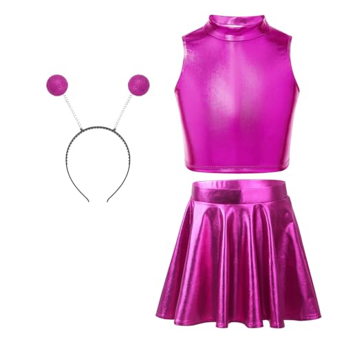 TTAO Mädchen Alien Kostüm Metallisch Tanzbekleidung Set Crop Top+ Glänzend Pleated Rock+ Alien Haarreif Halloween Tanz Kostüm Fasching Rave Party Rosenrot 134-140 TTAO Mädchen Alien Kostüm Metallisch Tanzbekleidung Set Crop Top+ Glänzend Pleated Rock+ Alien Haarreif Halloween Tanz Kostüm Fasching Rave Party Rosenrot 134-140 von TTAO