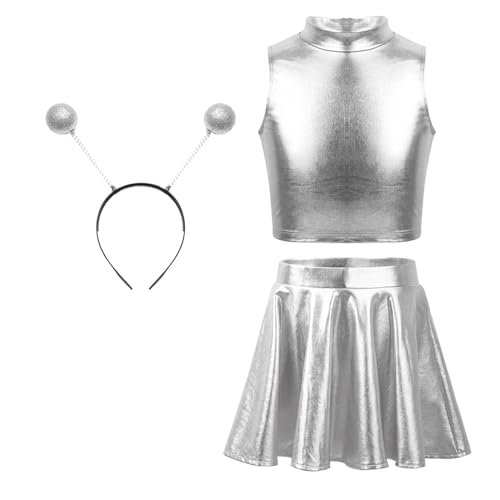 TTAO Mädchen Alien Kostüm Metallisch Tanzbekleidung Set Crop Top+ Glänzend Pleated Rock+ Alien Haarreif Halloween Tanz Kostüm Fasching Rave Party Silber 146-152 TTAO Mädchen Alien Kostüm Metallisch Tanzbekleidung Set Crop Top+ Glänzend Pleated Rock+ Alien Haarreif Halloween Tanz Kostüm Fasching Rave Party Silber 146-152 von TTAO