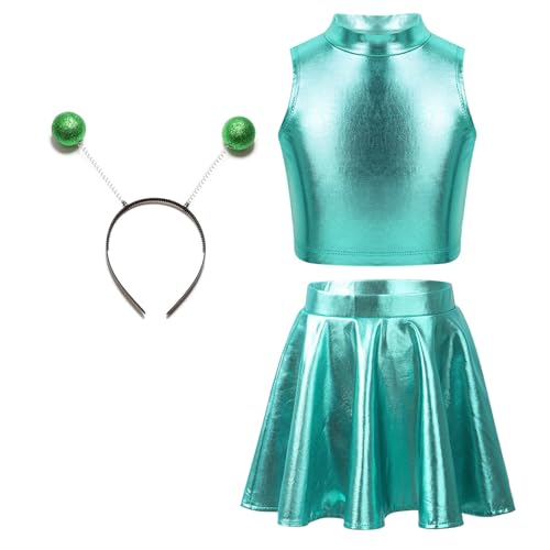 TTAO Mädchen Alien Kostüm Metallisch Tanzbekleidung Set Crop Top+ Glänzend Pleated Rock+ Alien Haarreif Halloween Tanz Kostüm Fasching Rave Party blauer See 170 TTAO Mädchen Alien Kostüm Metallisch Tanzbekleidung Set Crop Top+ Glänzend Pleated Rock+ Alien Haarreif Halloween Tanz Kostüm Fasching Rave Party blauer See 170 von TTAO