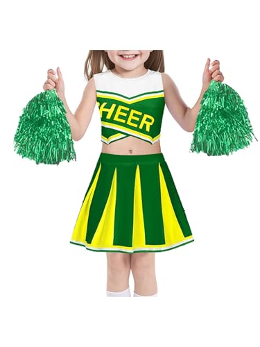 TTAO Mädchen Cheer Leader Kostüm ärmellos Crop Top + Minirok Cheerleadering Uniform Set mit Pompoms Karneval Fasching Party Verkleidung Grün 110-116 TTAO Mädchen Cheer Leader Kostüm ärmellos Crop Top + Minirok Cheerleadering Uniform Set mit Pompoms Karneval Fasching Party Verkleidung Grün 110-116 von TTAO