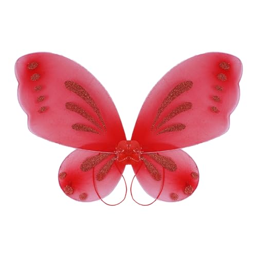 TTAO Mädchen Damen Glänzend Schmetterling Flügel Feenflügel mit Trägern Waldfee Lebendig Gemüstert Flügeln für Geburtstag Fotoshooting Rot A One Size von TTAO