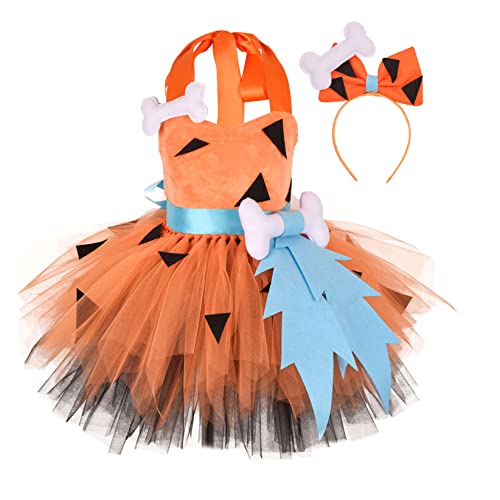TTAO Mädchen Feuerstein Kleid Prinzessin Steinzeit Faschingskostüm Kind Cavewomen Halloween Cosplay Verkleidung Deluxe Mottoparty Outfit Orange 134-140 von TTAO