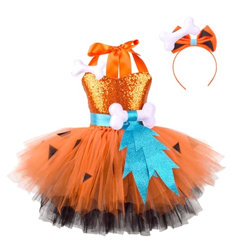 TTAO Mädchen Feuerstein Kleid Prinzessin Steinzeit Faschingskostüm Kind Cavewomen Halloween Cosplay Verkleidung Deluxe Mottoparty Outfit Orange B 68-80 von TTAO