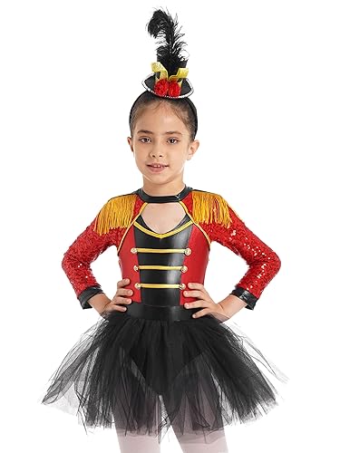 TTAO Mädchen Kinder Zirkus Kostüm mit/ohne Hut Kleid Ärmellos Glitzer Tutu Ballettkleid Kinder Zirkusdirektor Cosplay Fasching Karneval Rot 110-116 von TTAO