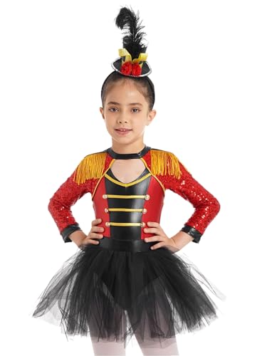 TTAO Mädchen Kinder Zirkus Kostüm mit/ohne Hut Kleid Ärmellos Glitzer Tutu Ballettkleid Kinder Zirkusdirektor Cosplay Fasching Karneval Rot 146-152 von TTAO