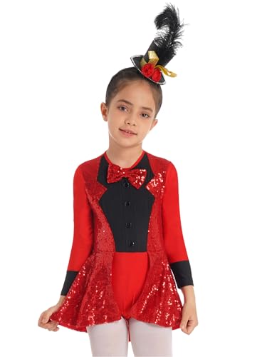 TTAO Mädchen Kinder Zirkus Kostüm mit/ohne Hut Kleid Ärmellos Glitzer Tutu Ballettkleid Kinder Zirkusdirektor Cosplay Fasching Karneval Rot A 122-128 von TTAO