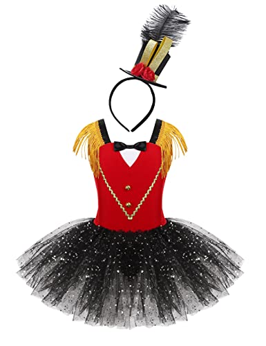 TTAO Mädchen Kinder Zirkus Kostüm mit/ohne Hut Kleid Ärmellos Glitzer Tutu Ballettkleid Kinder Zirkusdirektor Cosplay Fasching Karneval Rot B 134-140 von TTAO