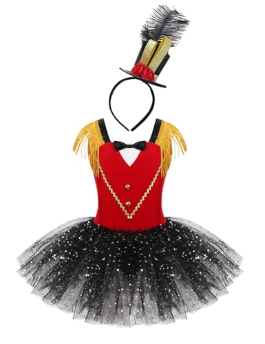 TTAO Mädchen Kinder Zirkus Kostüm mit/ohne Hut Kleid Ärmellos Glitzer Tutu Ballettkleid Kinder Zirkusdirektor Cosplay Fasching Karneval Rot B 134-140 von TTAO