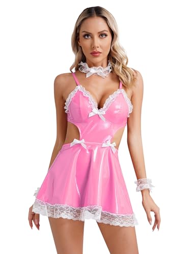 TTAO Sexy Dienstmädchen Uniform Damen Maid Kostüm Cosplay Dessous Outfits Rollenspiel Fancy Dress Naughty Apron Cute Lace Dress Dessous Nachtwäsche Rosa C L von TTAO