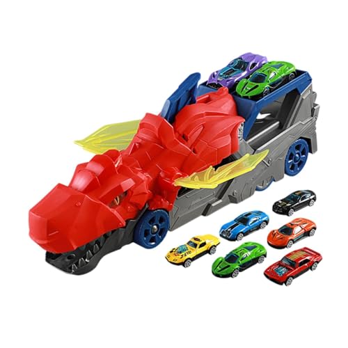 TTETTZ Dinosaurier Rennbahn mit Transportfahrzeug Und Spielzeugauto für Kinder, Rot mit 6 Autos von TTETTZ