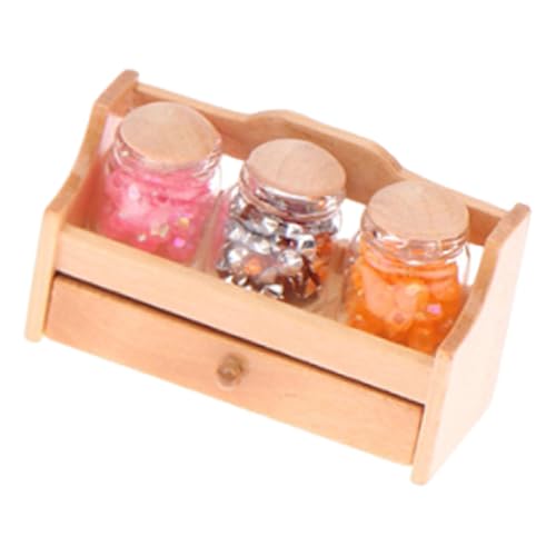 TTETTZ Puppenhaus Miniatur Vorratsglas Set mit Vorratsregal Aufbewahrungsglas Küchenzubehör Schrank Dekoration Aus Holz für Sammler Puppenhausliebhaber Wohnk, Holz von TTETTZ