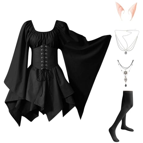 Damen Gothic Kleidung 5 Teilig Halloween Kleid mit Trompetenärmel Mittelalter Kleid Kurz Corsagenkleid Elegant Renaissance Mittelalterkleid Karneval Kostüm Vintage Hexenkleid Faschingskostüme von TTFDJG