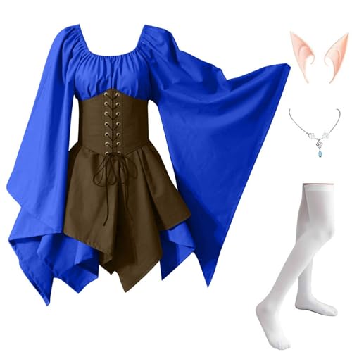Damen Mittelalter Kleidung 4 Teilig Renaissance Kleid mit Trompetenärmel Halloween Kostüm Corsage Faschingskostüme Mittelalter Kleid Gothic Mittelalterkleid Vintage Hexenkleid Karneval Kostüm von TTFDJG