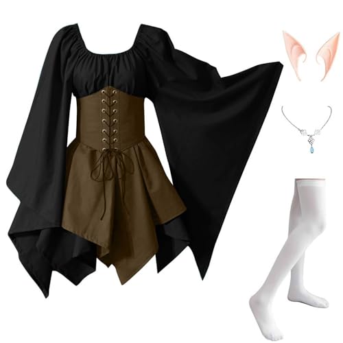 Damen Mittelalter Kleidung 4 Teilig Renaissance Kleid mit Trompetenärmel Halloween Kostüm Corsage Faschingskostüme Mittelalter Kleid Gothic Mittelalterkleid Vintage Hexenkleid Karneval Kostüm von TTFDJG