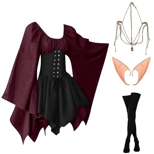 Damen Mittelalter Kostüm 4 Teilig Renaissance Kleid Kurz Halloween Kostüm Corsage Faschingskostüme Mittelalter Kleid mit Trompetenärmel Gothic Kleidung Vintage Hexenkleid Karneval Kostüm von TTFDJG