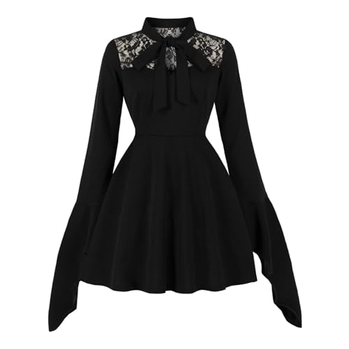 TTFDJG Mittelalter Kleid Damen Kurz Halloween Kostüm Spitzenkleid A Linie Faschingskostüme Skaterkleid mit Trompetenärmel Hexenkleid Schwingender Rock Faltenkleid Tailliert Karneval Kostüm von TTFDJG