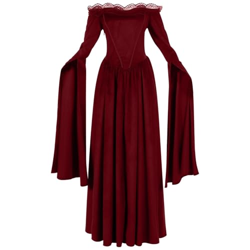 TTFDJG Mittelalter Kleid Damen Lang Halloween Kostüm Maxikleid Renaissance Kleid mit Trompetenärmel Mittelalterkleid Schulterfrei Karneval Kostüm Medieval Dress Steampunk Faschingskostüme von TTFDJG