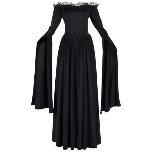 TTFDJG Mittelalter Kleid Damen Lang Halloween Kostüm Maxikleid Renaissance Kleid mit Trompetenärmel Mittelalterkleid Schulterfrei Karneval Kostüm Medieval Dress Steampunk Faschingskostüme von TTFDJG