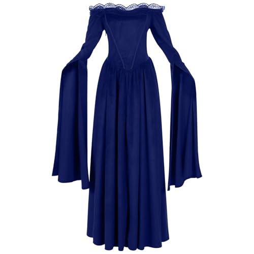 TTFDJG Mittelalter Kleid Damen Lang Halloween Kostüm Maxikleid Renaissance Kleid mit Trompetenärmel Mittelalterkleid Schulterfrei Karneval Kostüm Medieval Dress Steampunk Faschingskostüme von TTFDJG