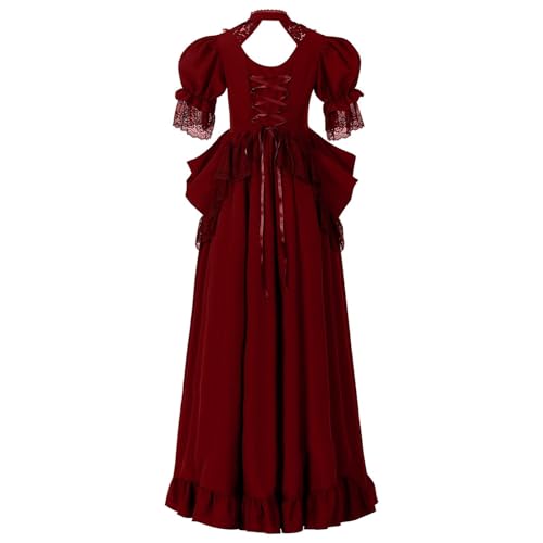 TTFDJG Mittelalter Kleid Damen Lang Maxikleid Renaissance Kleid mit Schnürung Mittelalterkleid Kurzarm Karneval Kostüm Corsagenkleid Tailliert Medieval Dress Steampunk Faschingskostüme von TTFDJG