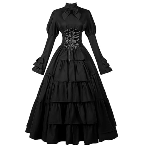 TTFDJG Vintage Kleider Damen Lang Mittelalter Kleid mit Trompetenärme Stufenkleid Elegant Corsagenkleid Tailliert Karneval Kostüm Mittelalter Kleidung Steampunk Maxi Medieval Dress Hexenkostüm von TTFDJG