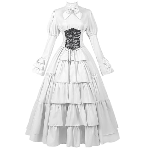 TTFDJG Vintage Kleider Damen Lang Mittelalter Kleid mit Trompetenärme Stufenkleid Elegant Corsagenkleid Tailliert Karneval Kostüm Mittelalter Kleidung Steampunk Maxi Medieval Dress Hexenkostüm von TTFDJG