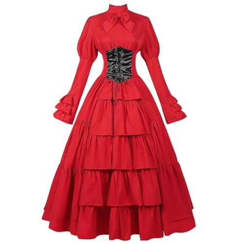 TTFDJG Vintage Kleider Damen Lang Mittelalter Kleid mit Trompetenärme Stufenkleid Elegant Corsagenkleid Tailliert Karneval Kostüm Mittelalter Kleidung Steampunk Maxi Medieval Dress Hexenkostüm von TTFDJG