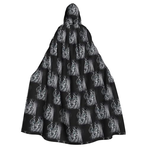 TTIGLHOH Großer Kapuzenumhang mit weißem Tiger-Druck, für Erwachsene, Halloween, 140 cm lang, ideal für Zauberer-Bademantel von TTIGLHOH