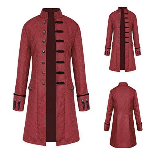 TTOKGZG Herren Steampunk Mantel, Vintage viktorianischen Gothic Frack Renaissance Mittelalter Jacke Halloween Cosplay Kostüm (Rot, XXL) von TTOKGZG