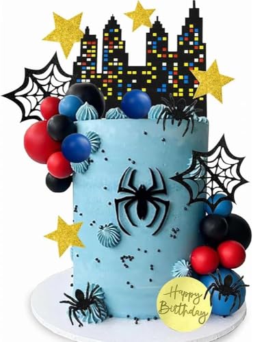 TTPSRY 37 Stück Spider Tortendeko Happy Birthday Kuchen Deko Super Helden Geburtstagsdeko für Kinder und Baby-Duschen in Blau, Rot, Schwarz, Weiß, Gold von TTPSRY