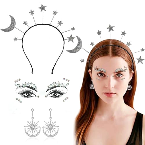 TTPSRY Haarreif Sterne Silber Mond Ohrringe Gesichtstattoo Karneval Mädchen Sternen Haarreif Damen Mädchen mit Glitzersteine Gesicht Kostüm von TTPSRY
