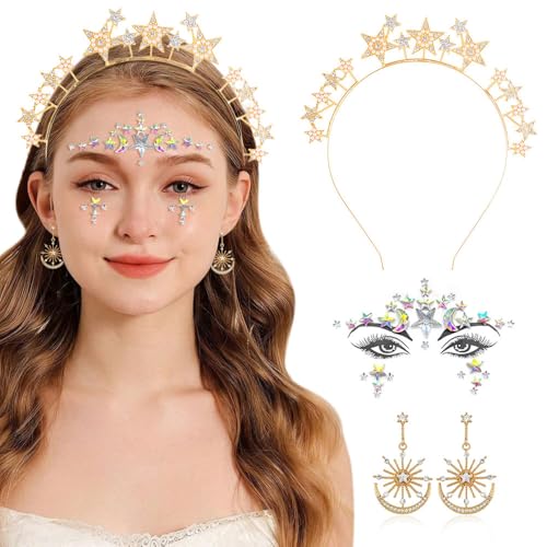 TTPSRY Haarreifen Damen Sterne Haarreif Stern Mond Ohrringe Gesichtstattoo Strass Geburtstag Party Kostüm Haarreifen Glitzer Haarschmuck für Damen Mädchen（Gold） von TTPSRY