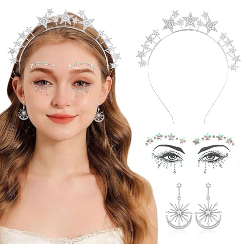 TTPSRY Haarreifen Damen Sterne Haarreif Stern Mond Ohrringe Gesichtstattoo Strass Geburtstag Party Kostüm Haarreifen Glitzer Haarschmuck für Damen Mädchen（Silber） von TTPSRY