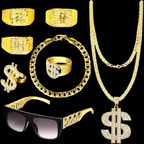 8 Stück Zuhälter Kostüm Herren, 80er 90er Jahre Outfit Hip Hop Rapper Kostüm, Goldkette Gangster Sonnenbrille Goldene Dollar Kette Ring Hanzi-Ringe für Karneval Fasching Mottoparty Halloween Cosplay von TTSVECD