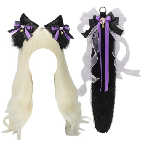 TTYAO REII Pelziger Fuchs Wolf Ohren und Schwanz Set Halloween Tier Kostüm Zubehör Plüsch Pelzanzug Kopfbedeckung für Cosplay Party (Schwarz Lila) von TTYAO REII