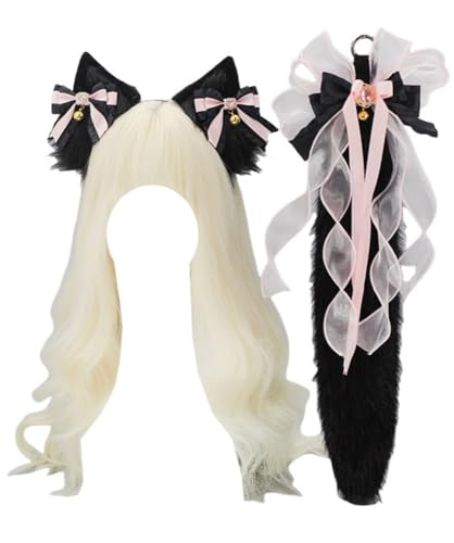 TTYAO REII Pelziger Fuchs Wolf Ohren und Schwanz Set Halloween Tier Kostüm Zubehör Plüsch Pelzanzug Kopfbedeckung für Cosplay Party (Schwarz Rosa) von TTYAO REII
