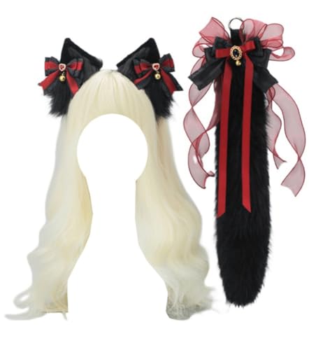 TTYAO REII Pelziger Fuchs Wolf Ohren und Schwanz Set Halloween Tier Kostüm Zubehör Plüsch Pelzanzug Kopfbedeckung für Cosplay Party (Schwarz Rot) von TTYAO REII