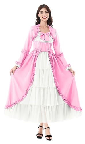 TTYAO REII Renaissance Mittelalter Kleid Elegantes Damen Viktorianisches Dirndl Kostüm für Oktoberfest Halloween Cosplay Outfits (US, Alpha, Large, X-Large, Regular, Long, Pink White) von TTYAO REII