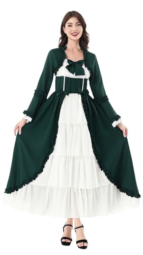 TTYAO REII Renaissance Mittelalter Kleid Elegantes Damen Viktorianisches Dirndl Kostüm für Oktoberfest Halloween Cosplay Outfits (US, Alpha, X-Large, XX-Large, Regular, Long, Green White) von TTYAO REII