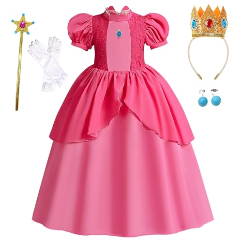 TTYAOVO Prinzessin Peach Kostüm für Mädchen Schickes Cosplay-Kostüm mit Krone Ohrringen und Handschuhen(Größe 110, 4 Jahre, Rosa) von TTYAOVO