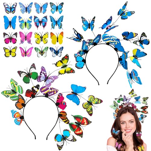 TTYSHIP® 2 Stück Haarreif Schmetterling, Haarreifen Schmetterling mit 16 Schmetterlinges Haarspangen für Damen Mädchen Fasching Party Cosplay (Blau/Bunt) von TTYSHIP
