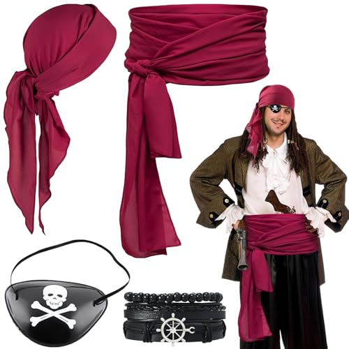 TTYSHIP® Piraten Kostüm Zubehör Set, Piratenkostüm Zubehör, Piraten Kopftuch und Schärpe, Augenklappe Pirat, Lederarmband für Damen Herren Halloween Cosplay Party von TTYSHIP